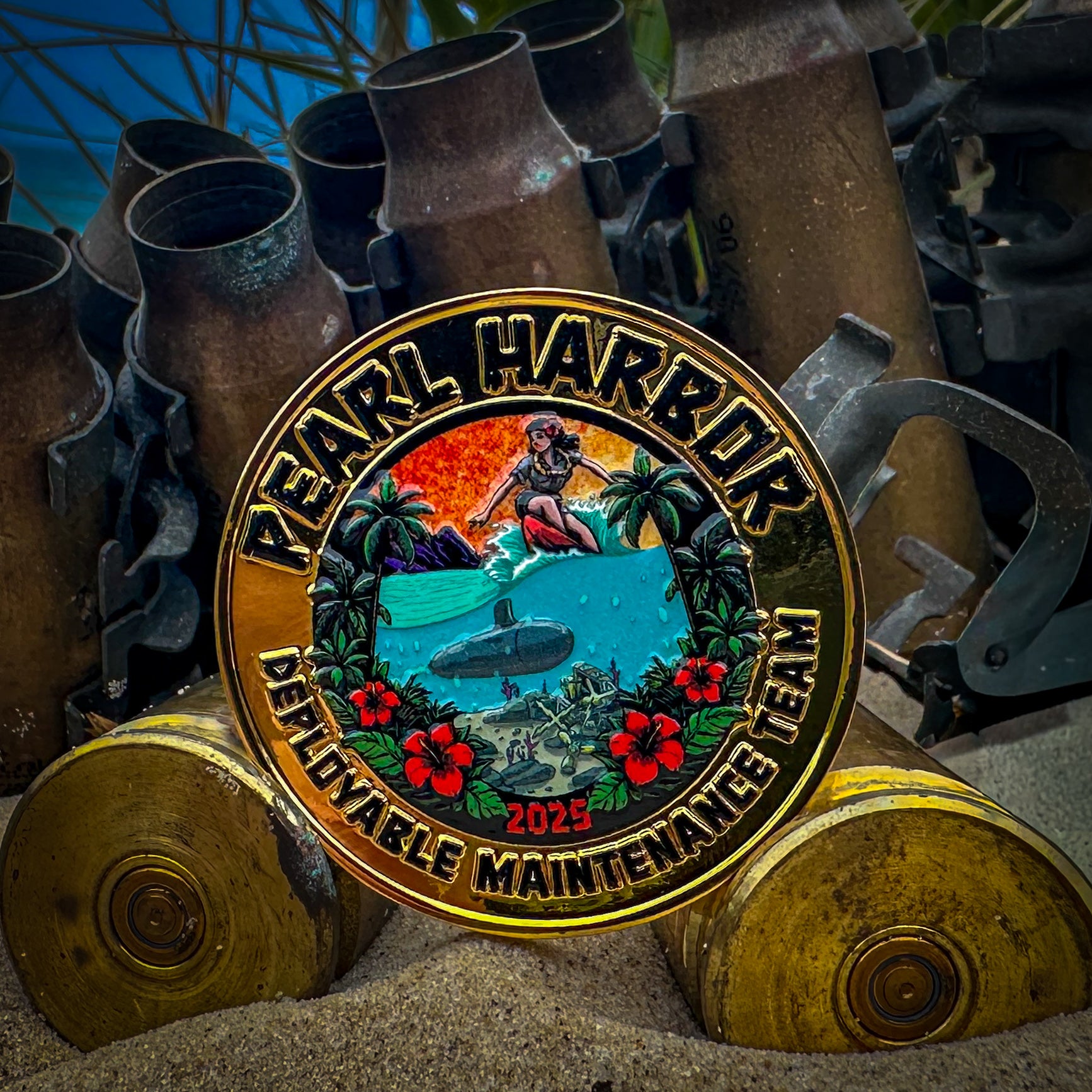 Pearl Harbor Deployable Maintenance Team coin on a mechanical background